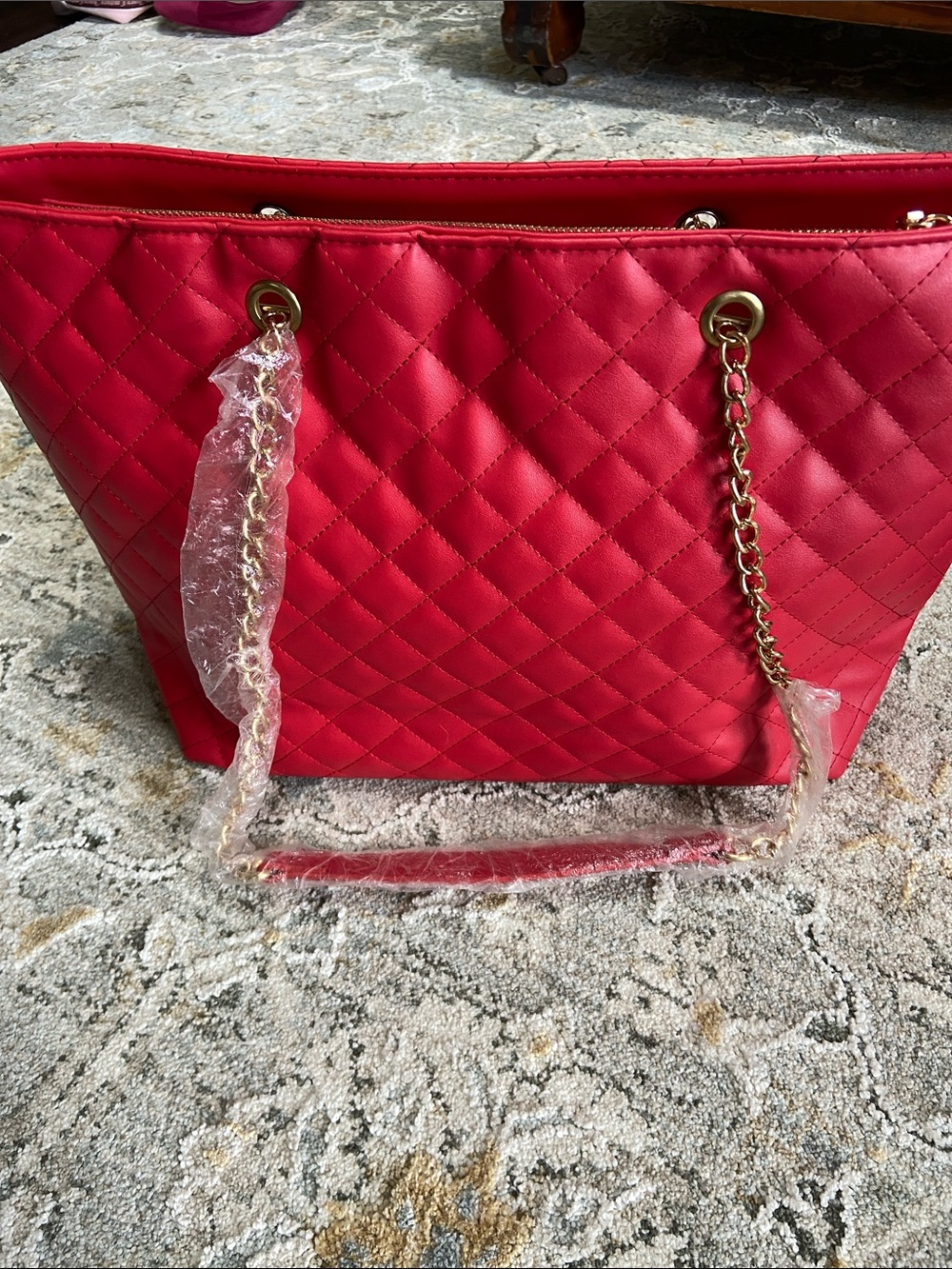 Badgley Mischka Quilted Red Tote with Gold Chain Charm Accents - Picture 2 of 10